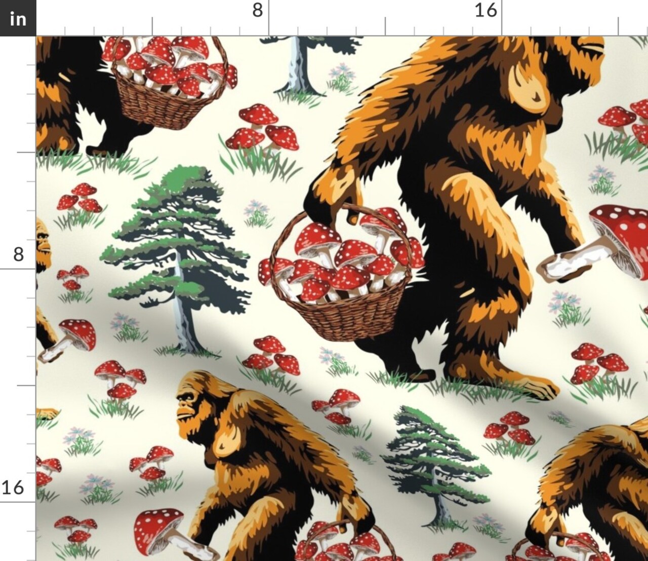 Bigfoot Mushroom Foraging Whimsical Funny Quirky Sasquatch Green Brown Red Custom Printed Fabric by Spoonflower Various Fabrics by the Yard or Fat Quarter